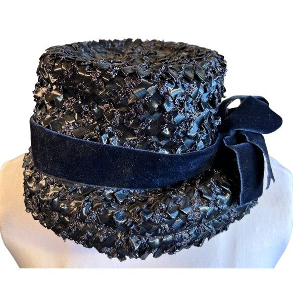 Vintage 60s Navy Blue Raffia Bucket Hat With Velvet Bow - Picture 3 of 7